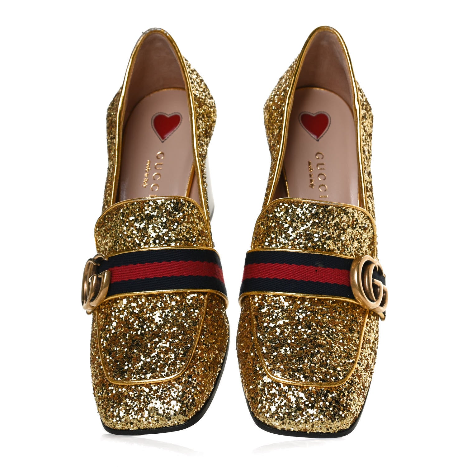 Gucci Glitter Nappa Web Peyton 75mm Loafer Pumps 36.5 Oro Vecchio 6 of 13