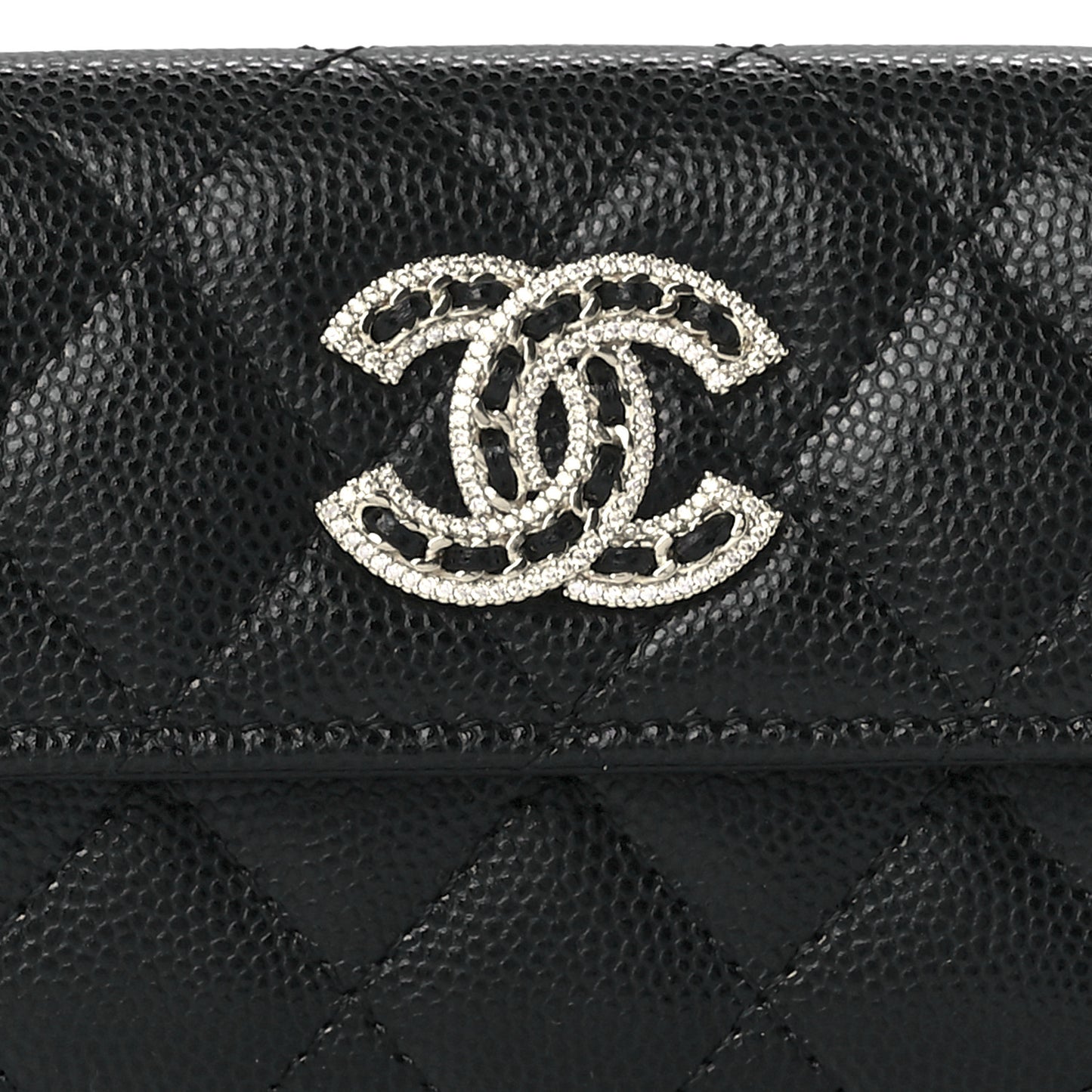 Caviar Quilted Crystal CC Flap Card Holder Black