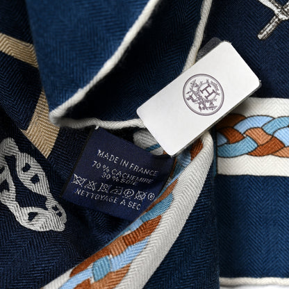 Hermes Cashmere Silk Chevaux Dechaines Shawl 140 Marine Fonce White Noisette 2 of 4