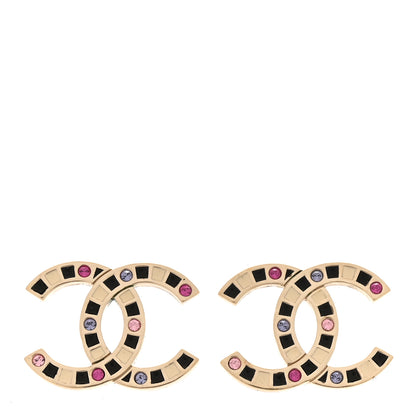 Chanel Crystal Enamel Large CC Earrings Gold Black White Pink 1 of 5