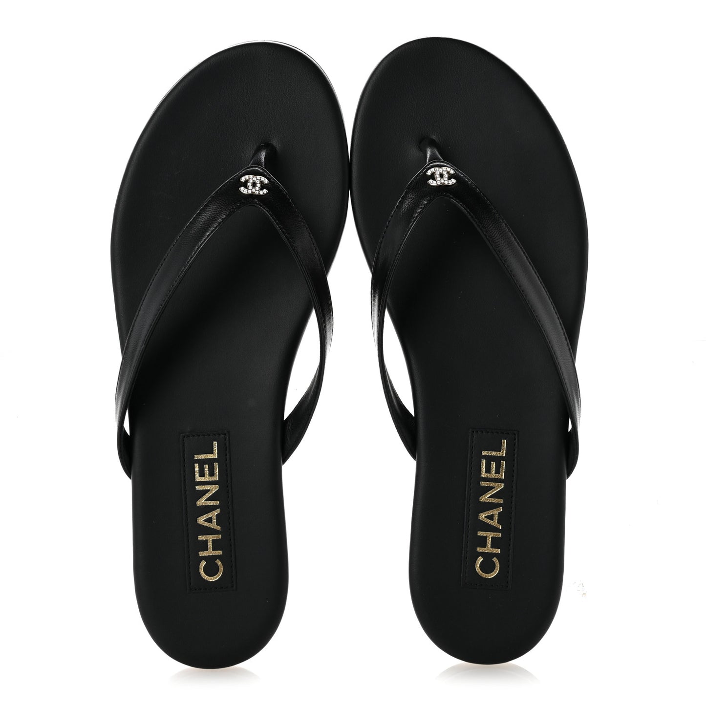 Shiny Lambskin Crystal CC Thong Sandals 37 Black 39.5 Black