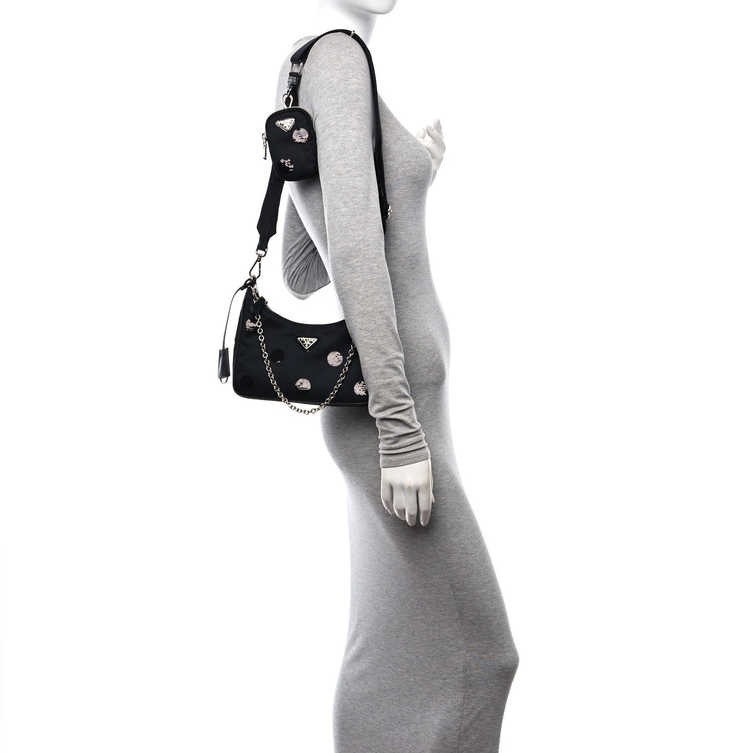 Prada Nylon Sequin Embellished Polka Dot Re-Edition 2005 Shoulder Bag Black 2 of 9