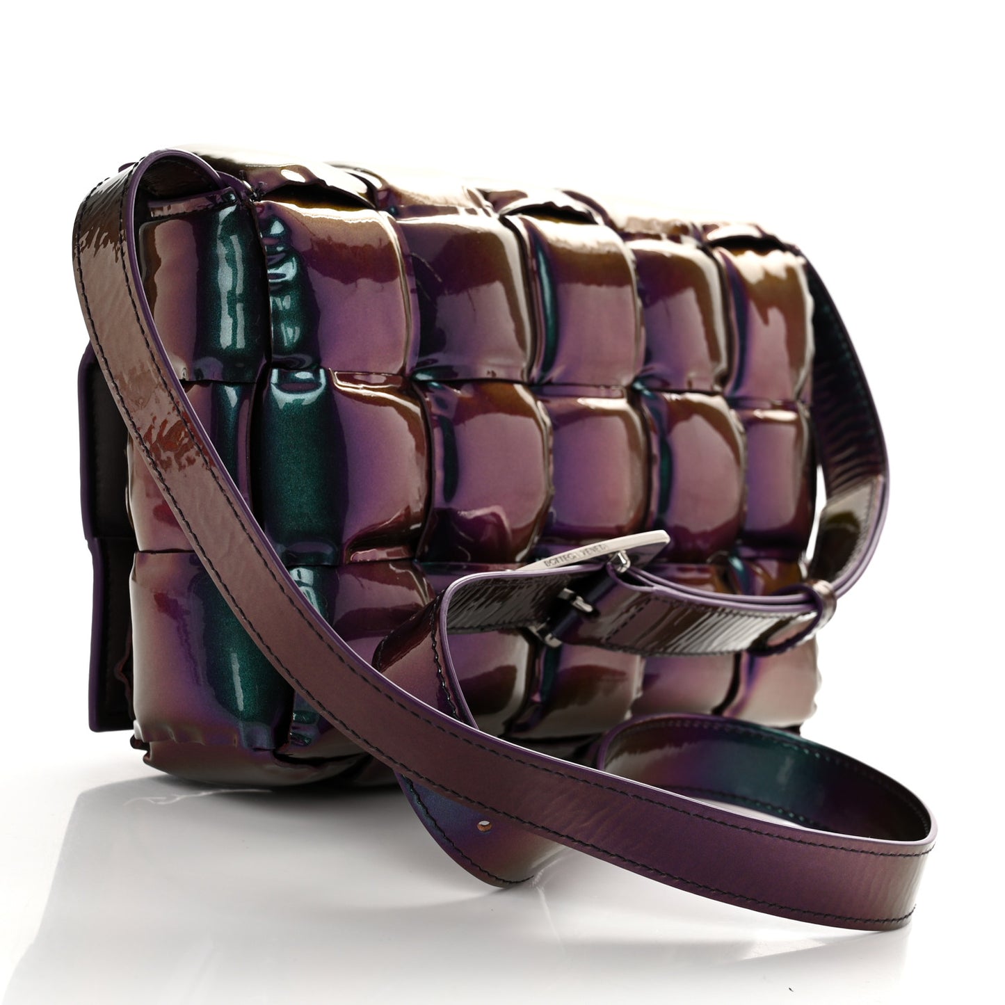 Glossy Nail Polish Nappa Maxi Intreccio Padded Cassette Crossbody Bag Holographic