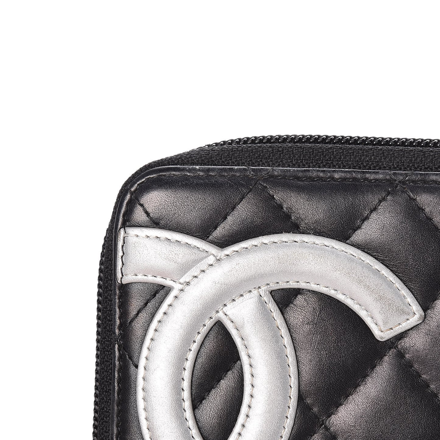 Calfskin Quilted Cambon Large Gusset Zip Around Wallet Black Silver