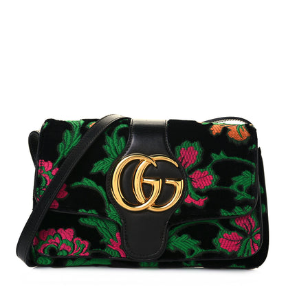 Gucci Velvet Jacquard Floral Embroidered Small Arli Flap Shoulder Bag Black Green Multicolor 2 of 27