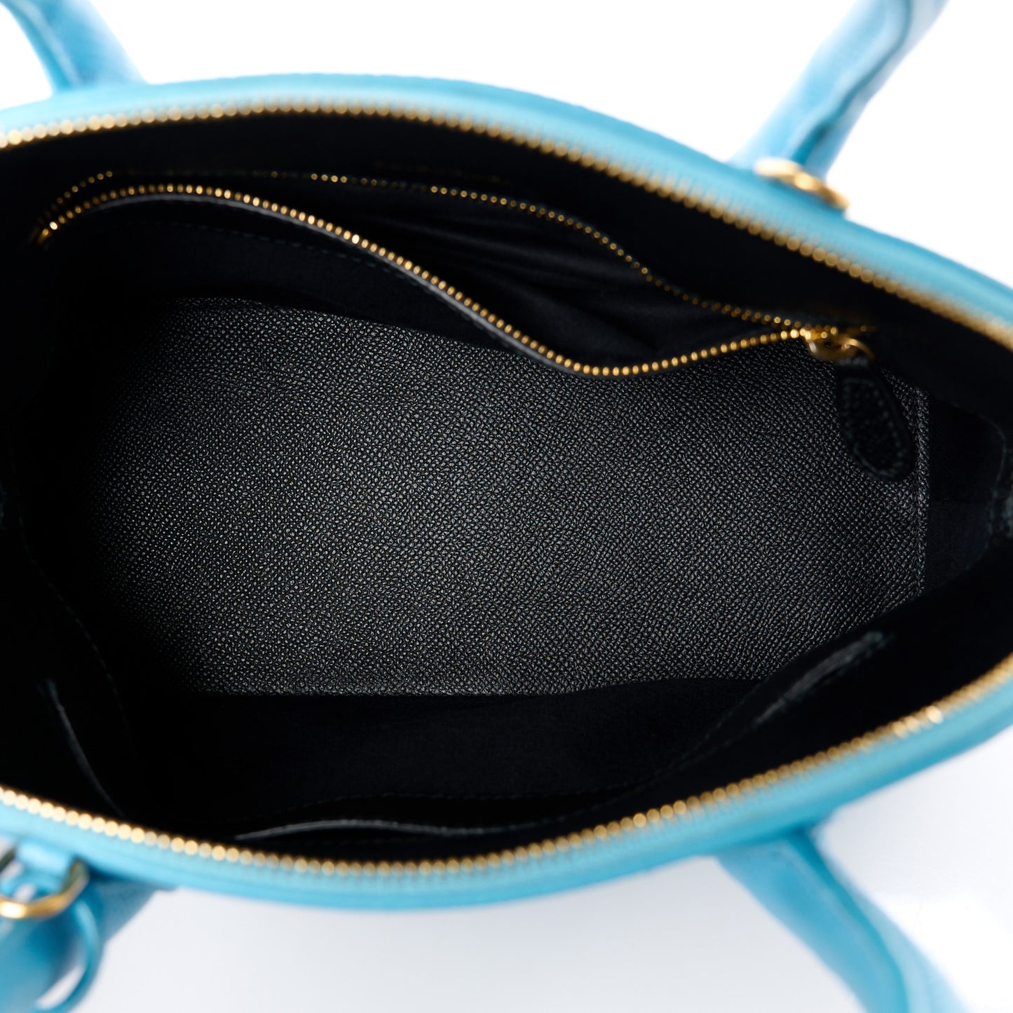 Signature Grained Calfskin Logo S Ville Top Handle Bag Bleu Turquoise