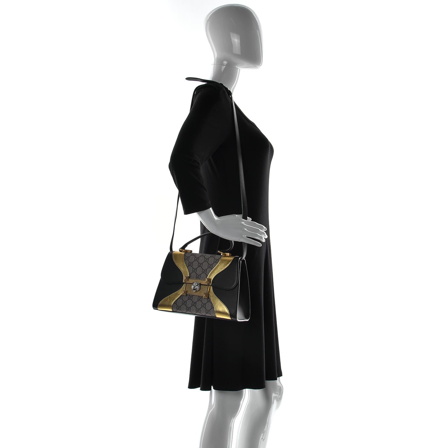 Gucci GG Supreme Monogram Small Osiride Top Handle Bag Black Gold 2 of 12