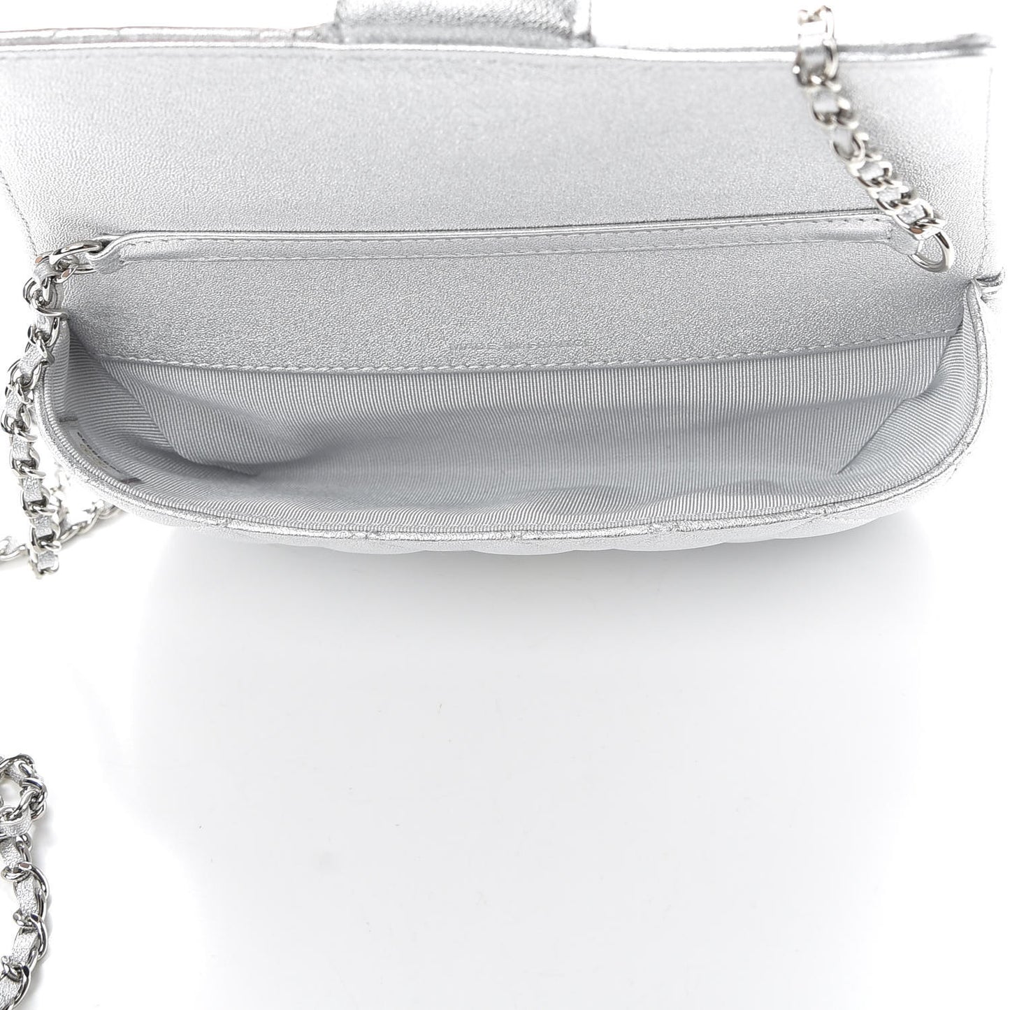 Metallic Lambskin Quilted Glasses Case With Chain Silver