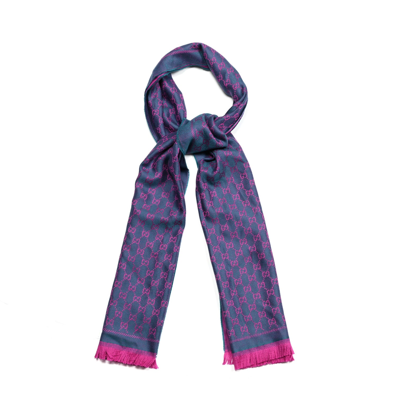 Gucci Wool GG Monogram Reversible New Sten Fringe Scarf Petroleum Blue Pink 1 of 12