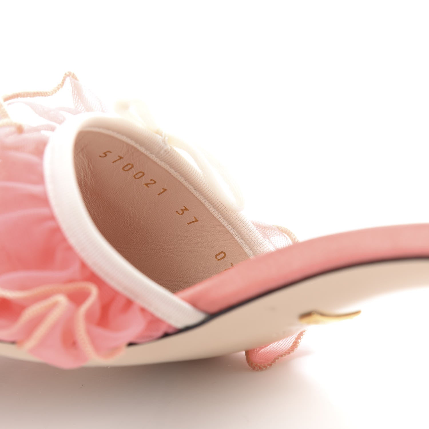 Gucci Tulle Ruffle Low Heel Slide Sandals 37 Peach Mystic White 8 of 9