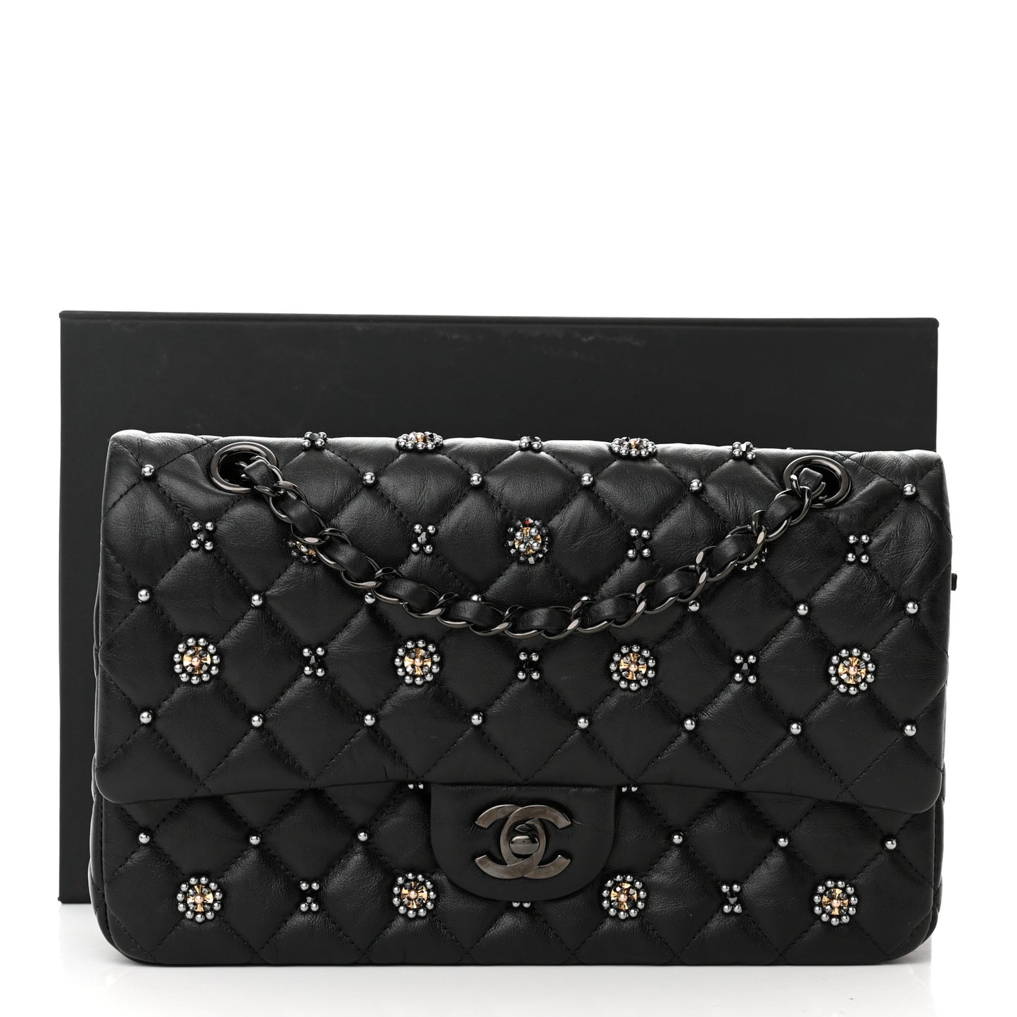 Lambskin Beaded Quilted Flower Double Flap Black