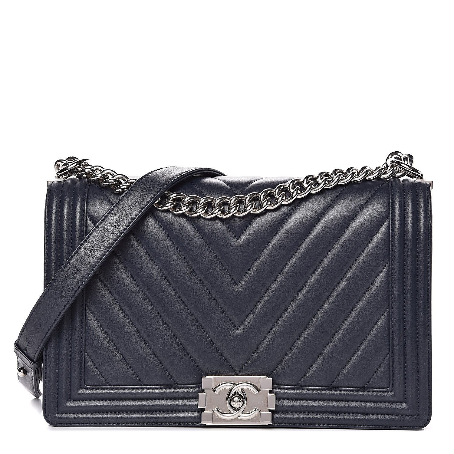 Chanel Lambskin Chevron Quilted New Medium Boy Flap Dark Navy Blue 1 of 18