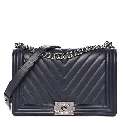 Chanel Lambskin Chevron Quilted New Medium Boy Flap Dark Navy Blue 1 of 18