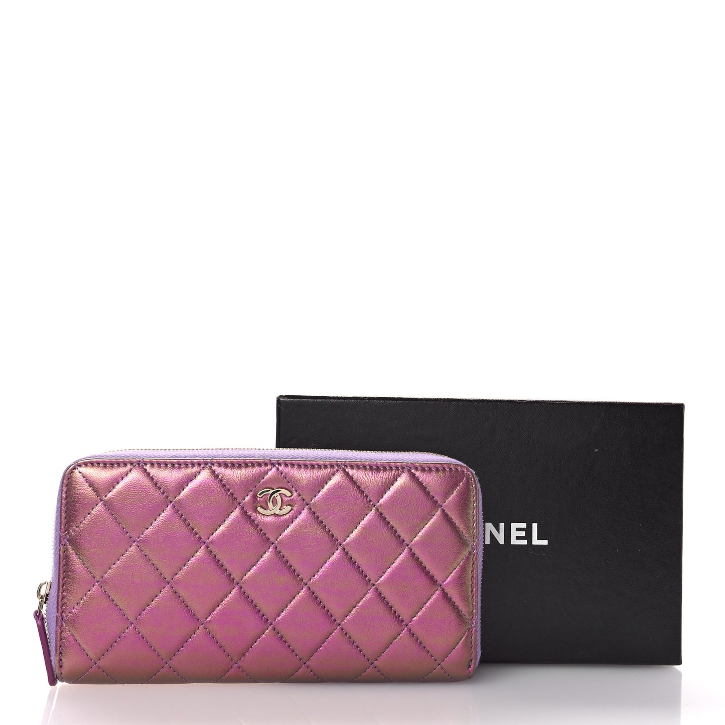 Iridescent Lambskin Quilted Large Gusset Zip Around Wallet Purple