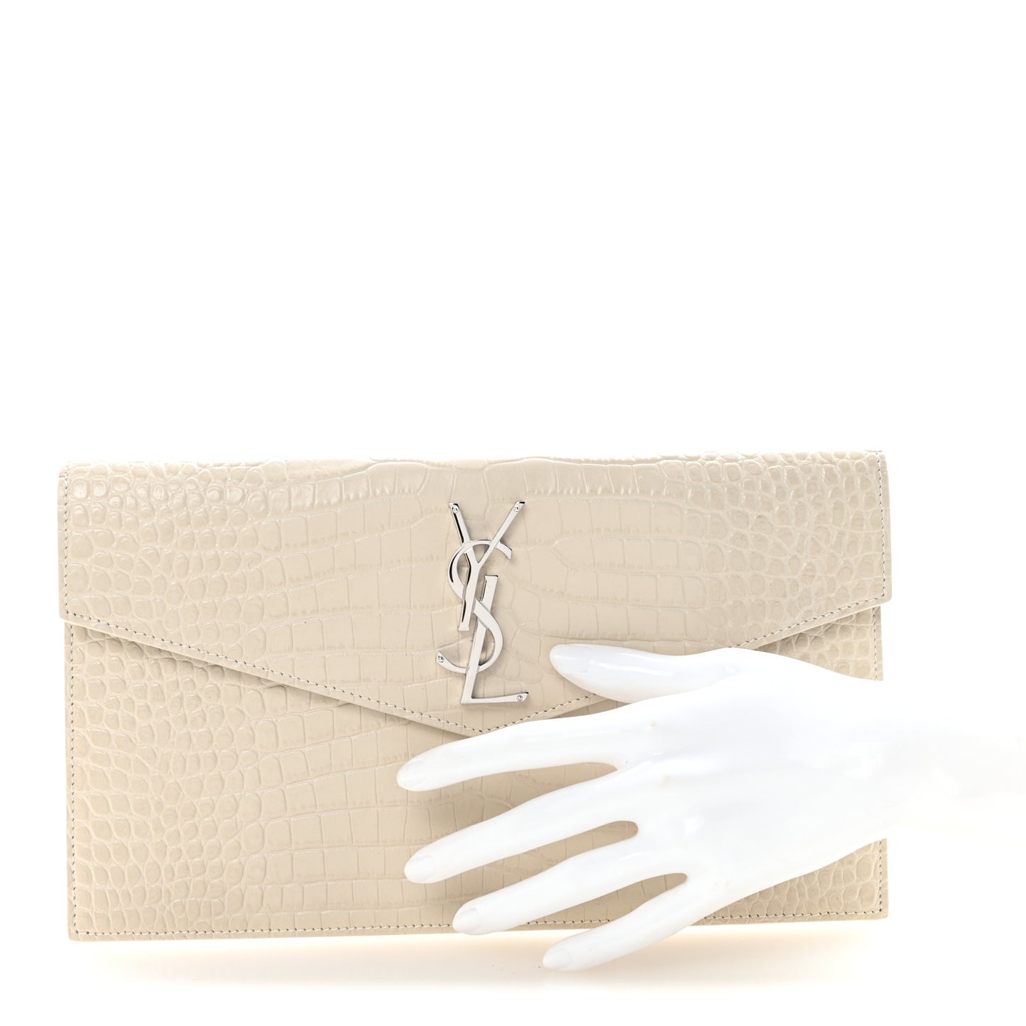 Calfskin Crocodile Embossed Uptown Monogram Pouch Crema Soft
