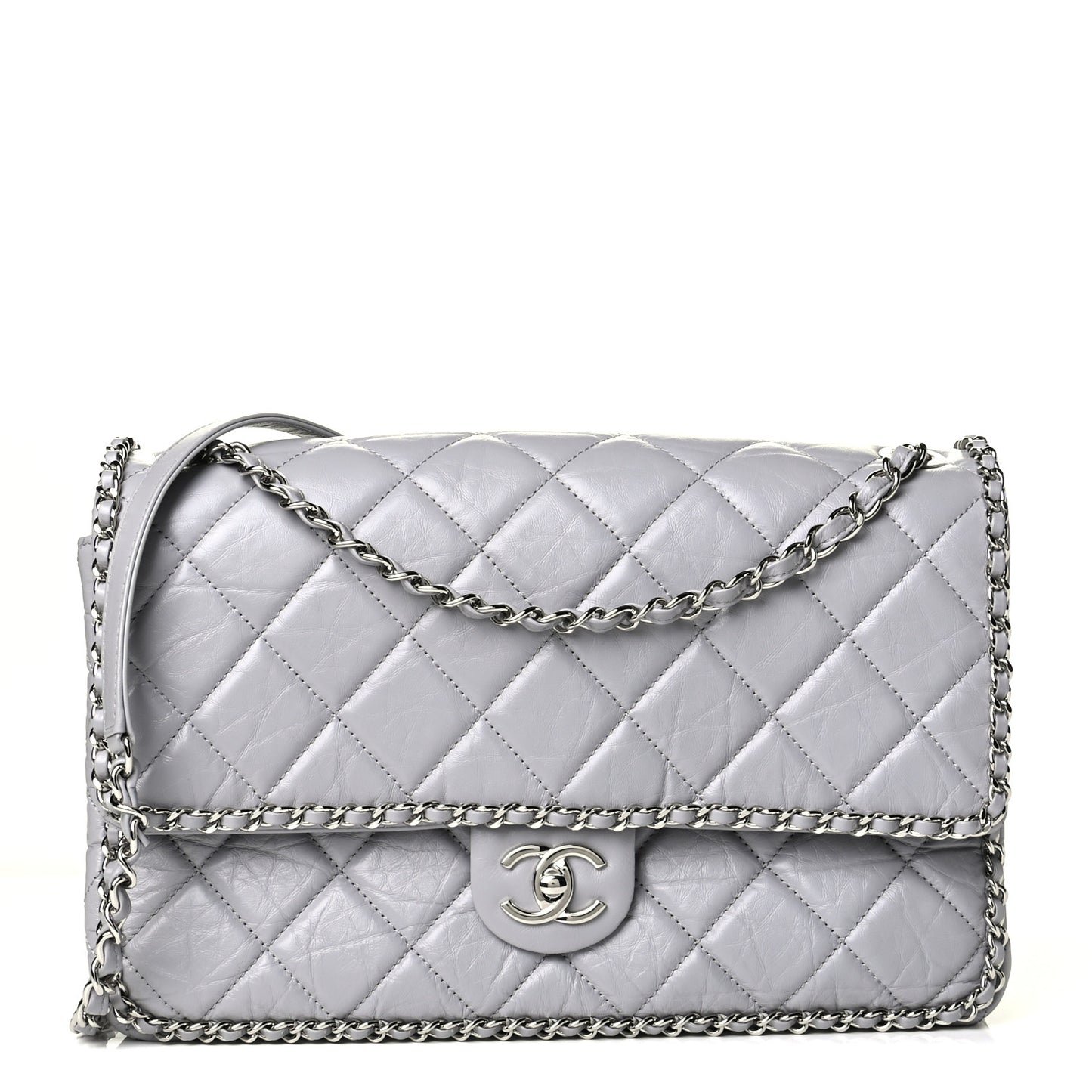 Crumpled Calfskin Large Chain All Over Flap Grey