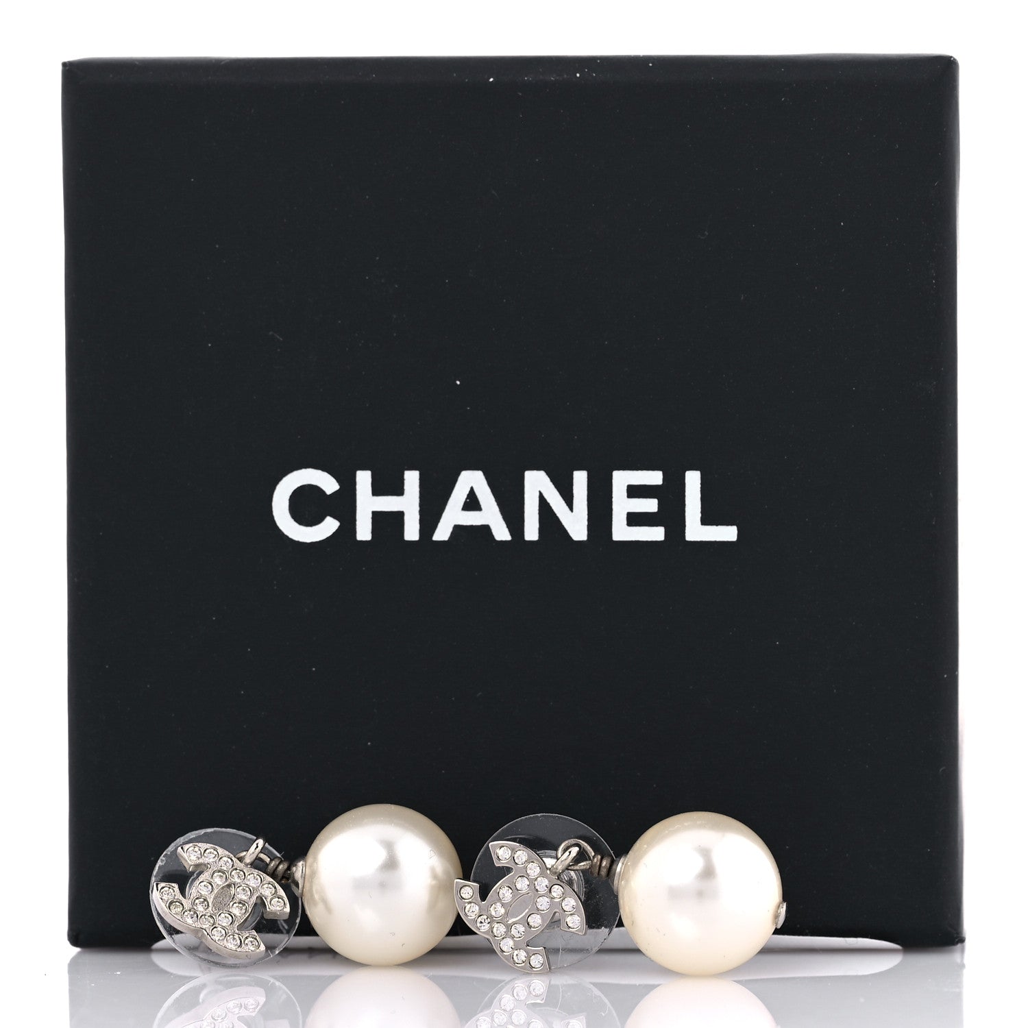 Chanel Crystal Pearl CC Drop Earrings Silver Pearly White 5 of 5