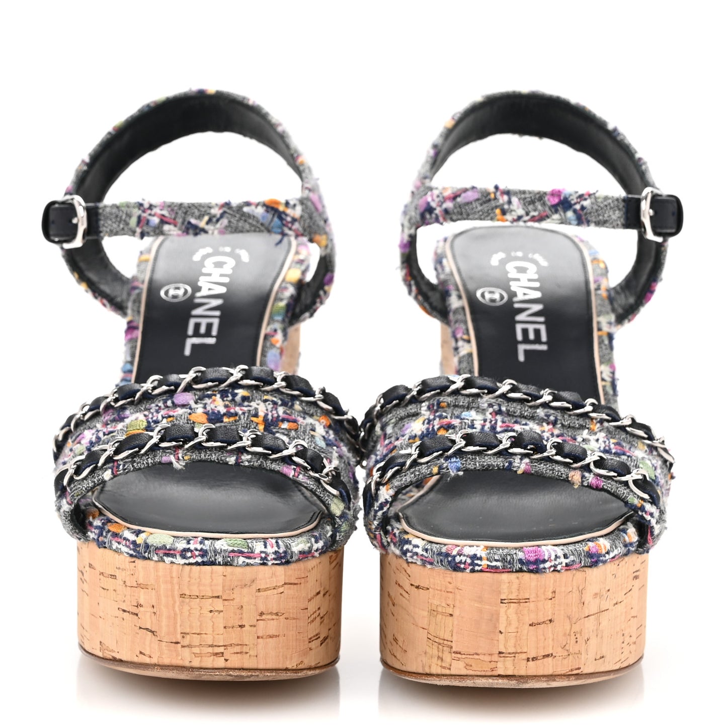 Tweed Cork Wedge Sandals 37 Navy Multicolor