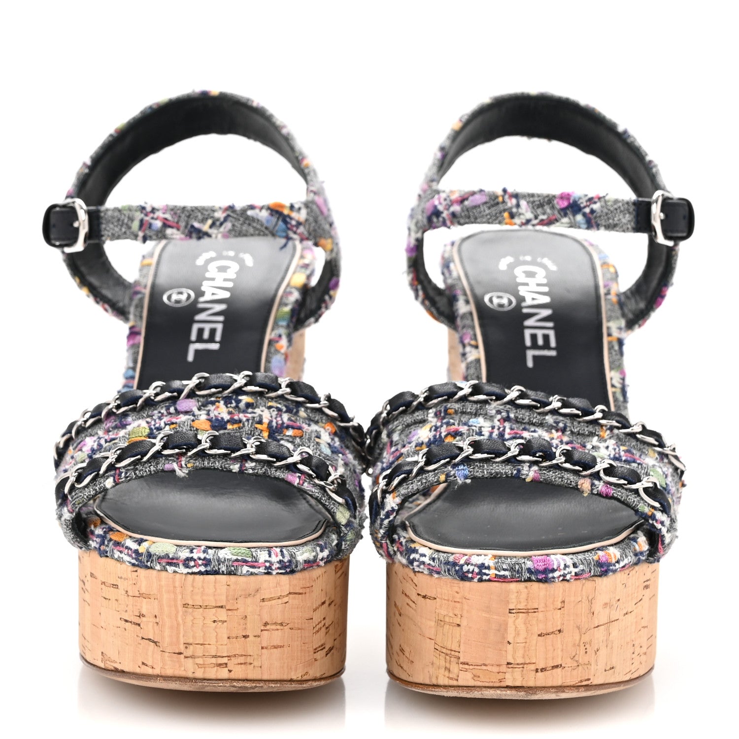 Chanel Tweed Cork Wedge Sandals 37 Navy Multicolor 3 of 10