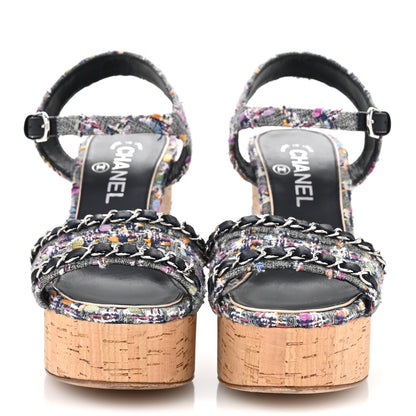 Chanel Tweed Cork Wedge Sandals 37 Navy Multicolor 3 of 10