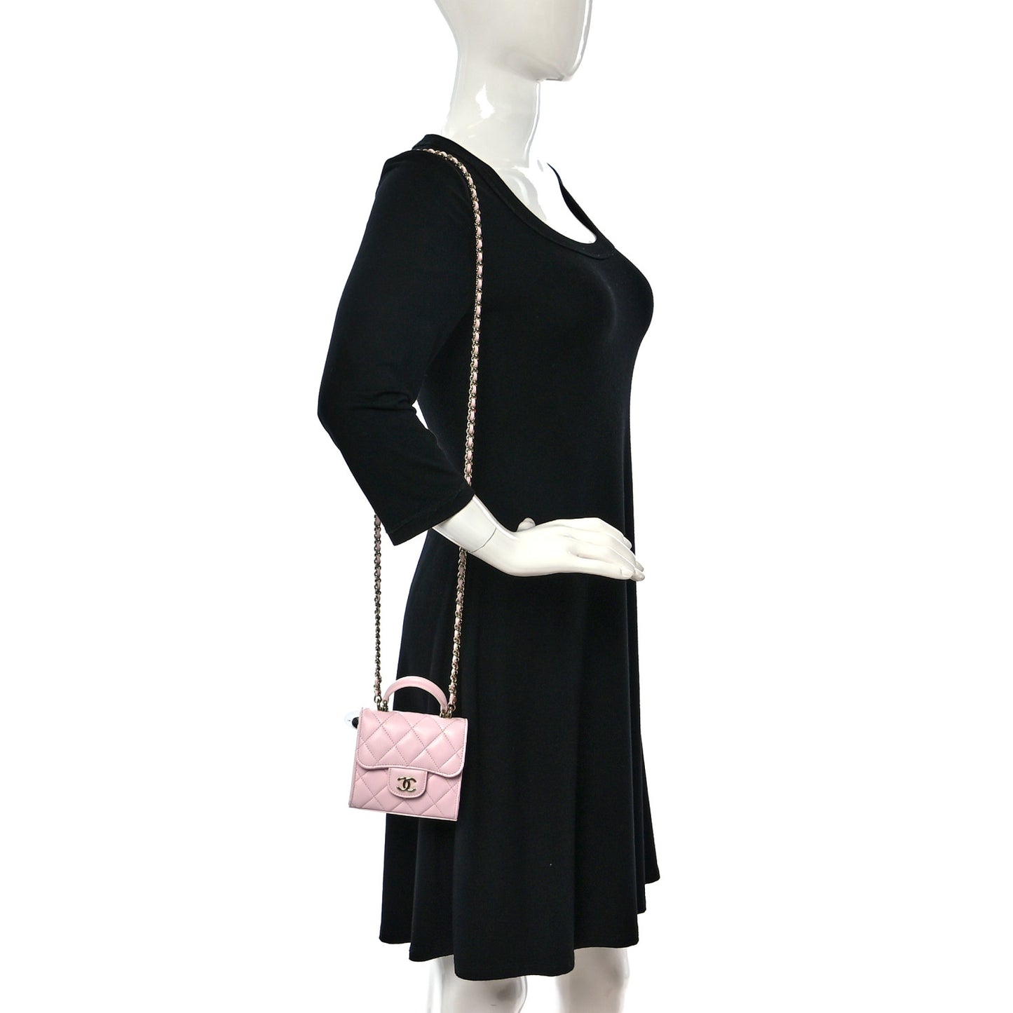 Lambskin Quilted Top Handle Clutch With Chain Light Pink