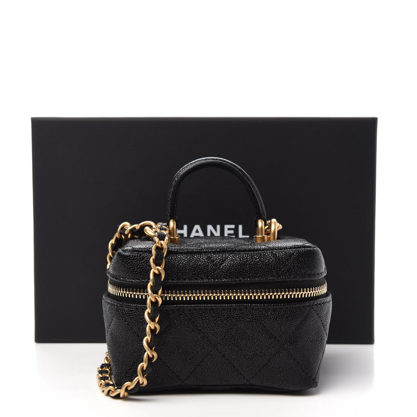 Caviar Quilted Mini Top Handle Vanity With Chain Black