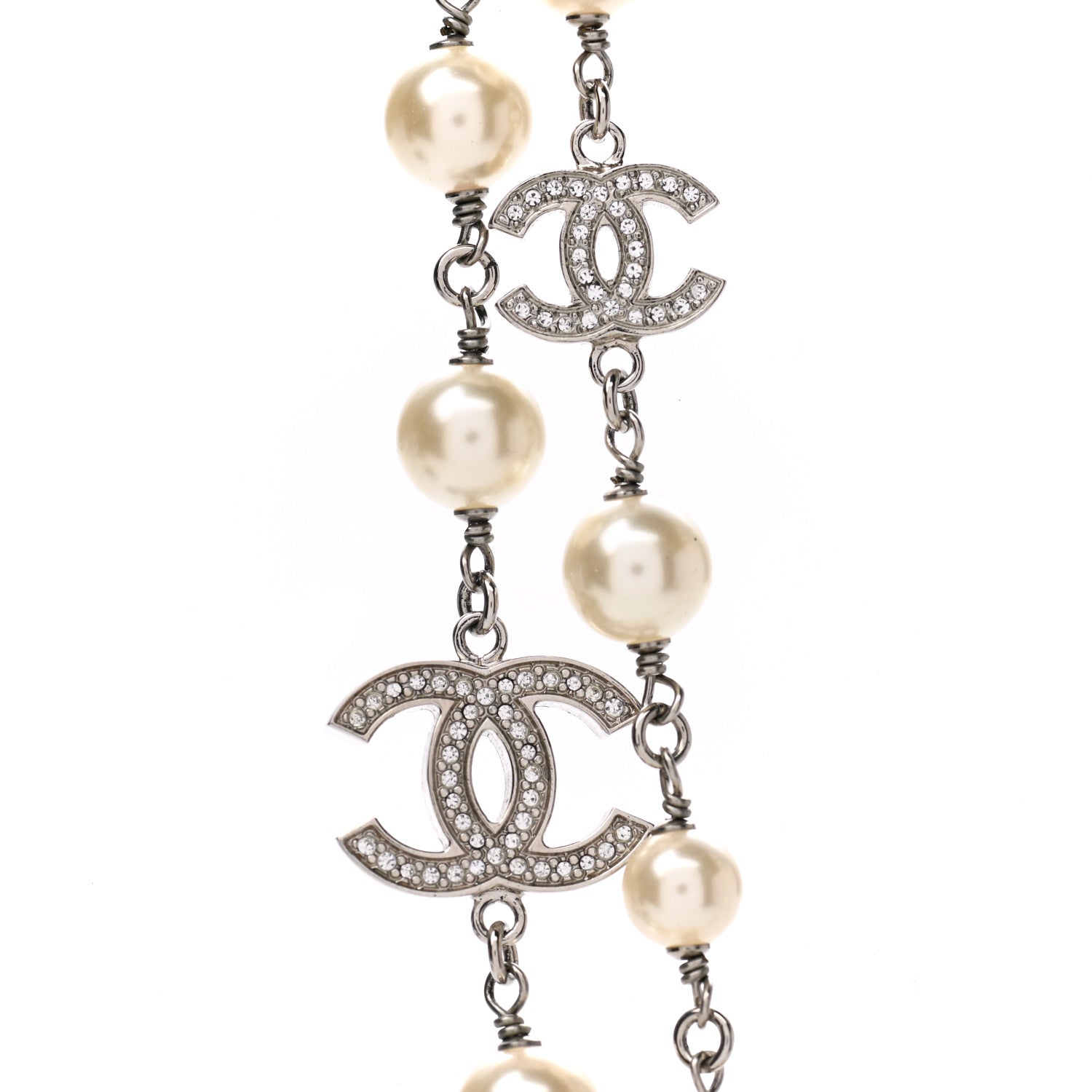 Chanel Graduated Pearl Crystal CC Long Necklace Silver 4 of 5