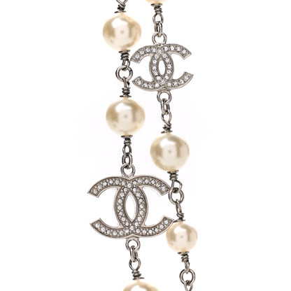 Chanel Graduated Pearl Crystal CC Long Necklace Silver 4 of 5