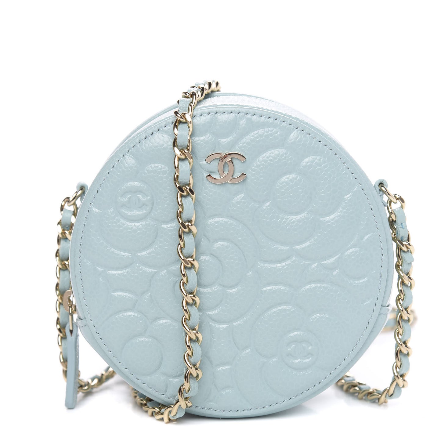 Caviar Camellia Embossed Round Clutch With Chain Light Blue