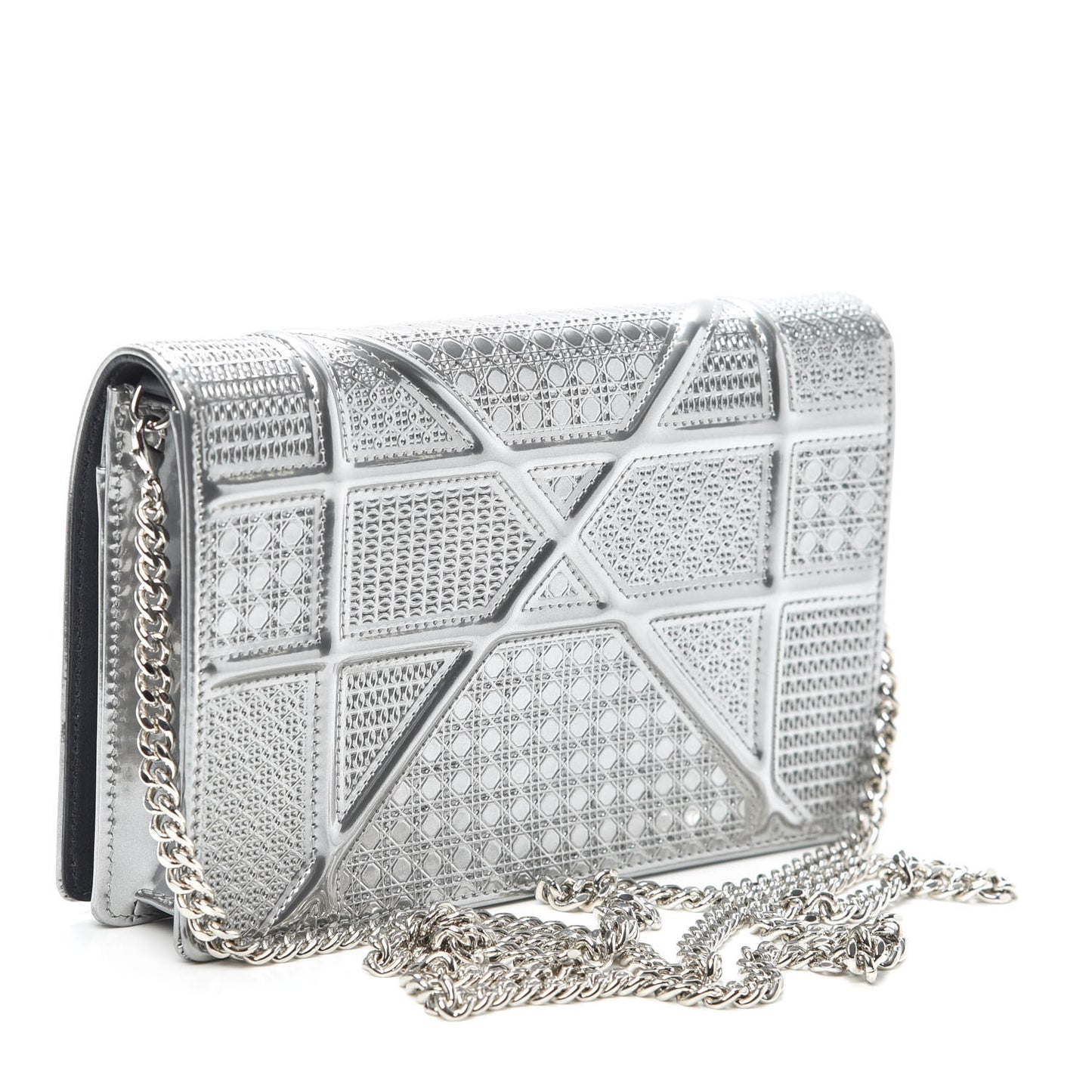 Metallic Patent Micro-Cannage Diorama Wallet on Chain Pouch Silver