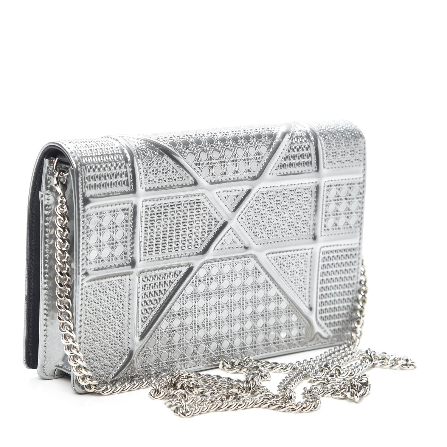 Christian Dior Metallic Patent Micro-Cannage Diorama Wallet on Chain Pouch Silver 3 of 8