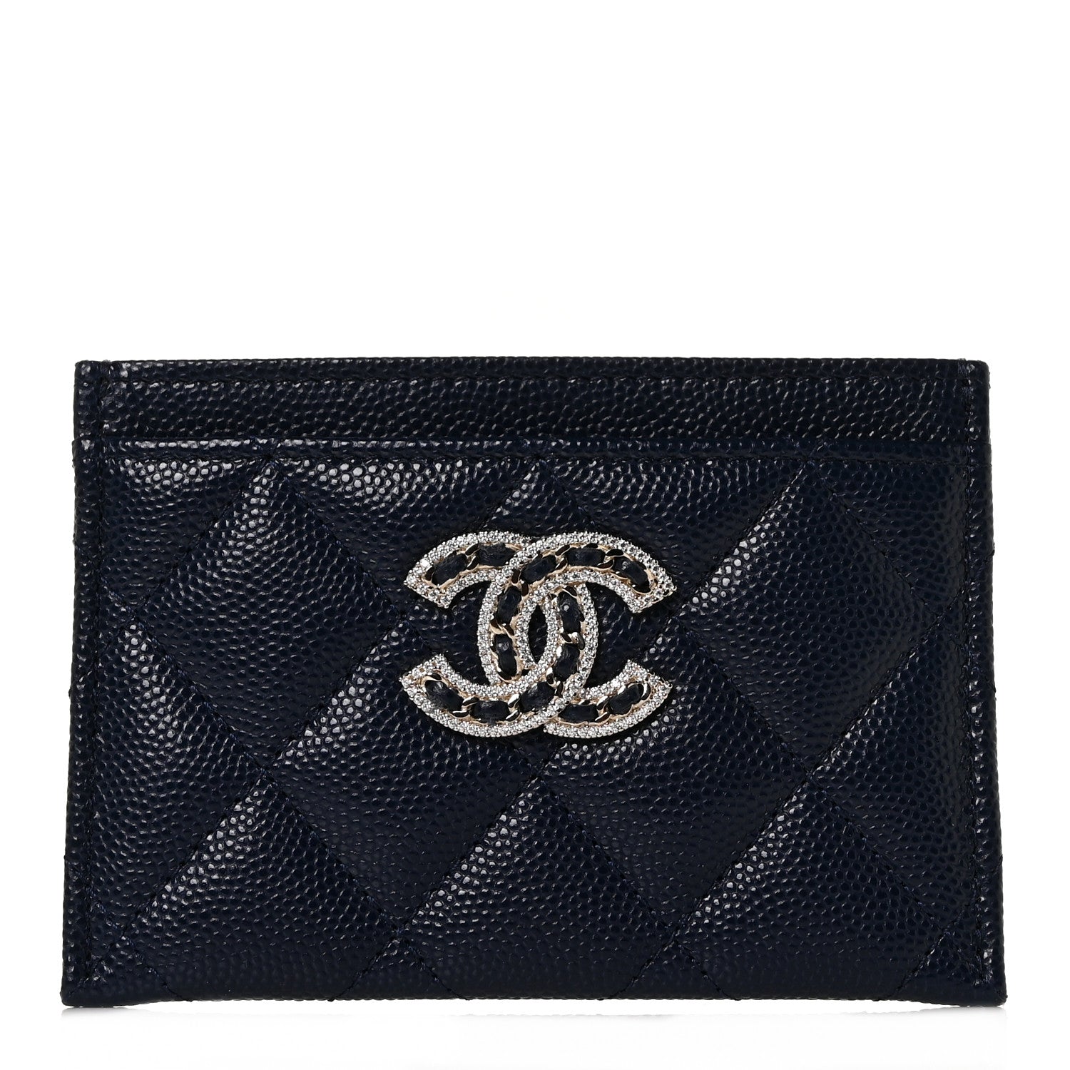 Chanel Caviar Quilted Crystal Card Holder Navy 1 of 11