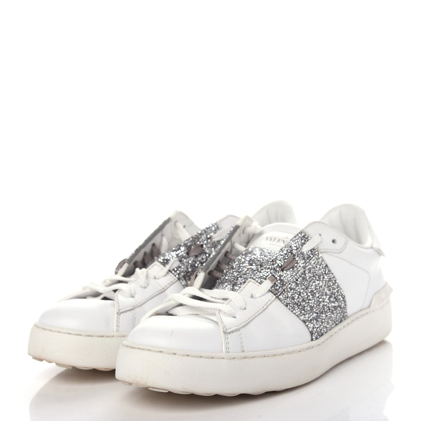 Calfskin Glitter Rockstud Open Sneakers 39 White Silver