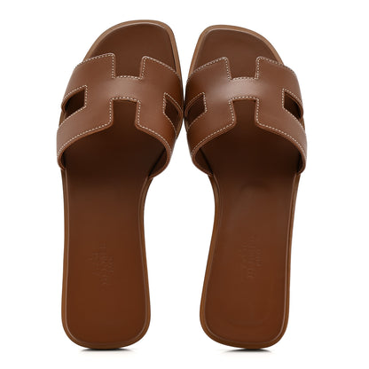 Hermes Box Calfskin Oran Sandals 37 Gold 2 of 8