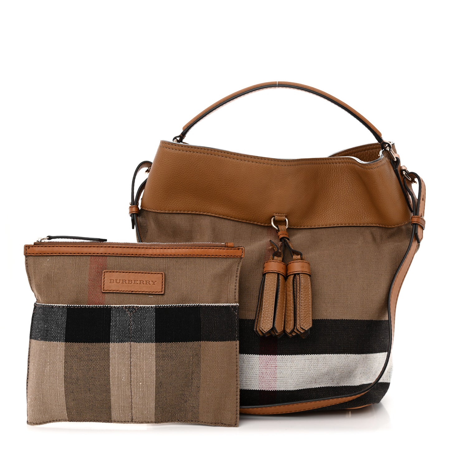 Grainy Calfskin Canvas Mega Check Medium Ashby Tassel Hobo Saddle Brown