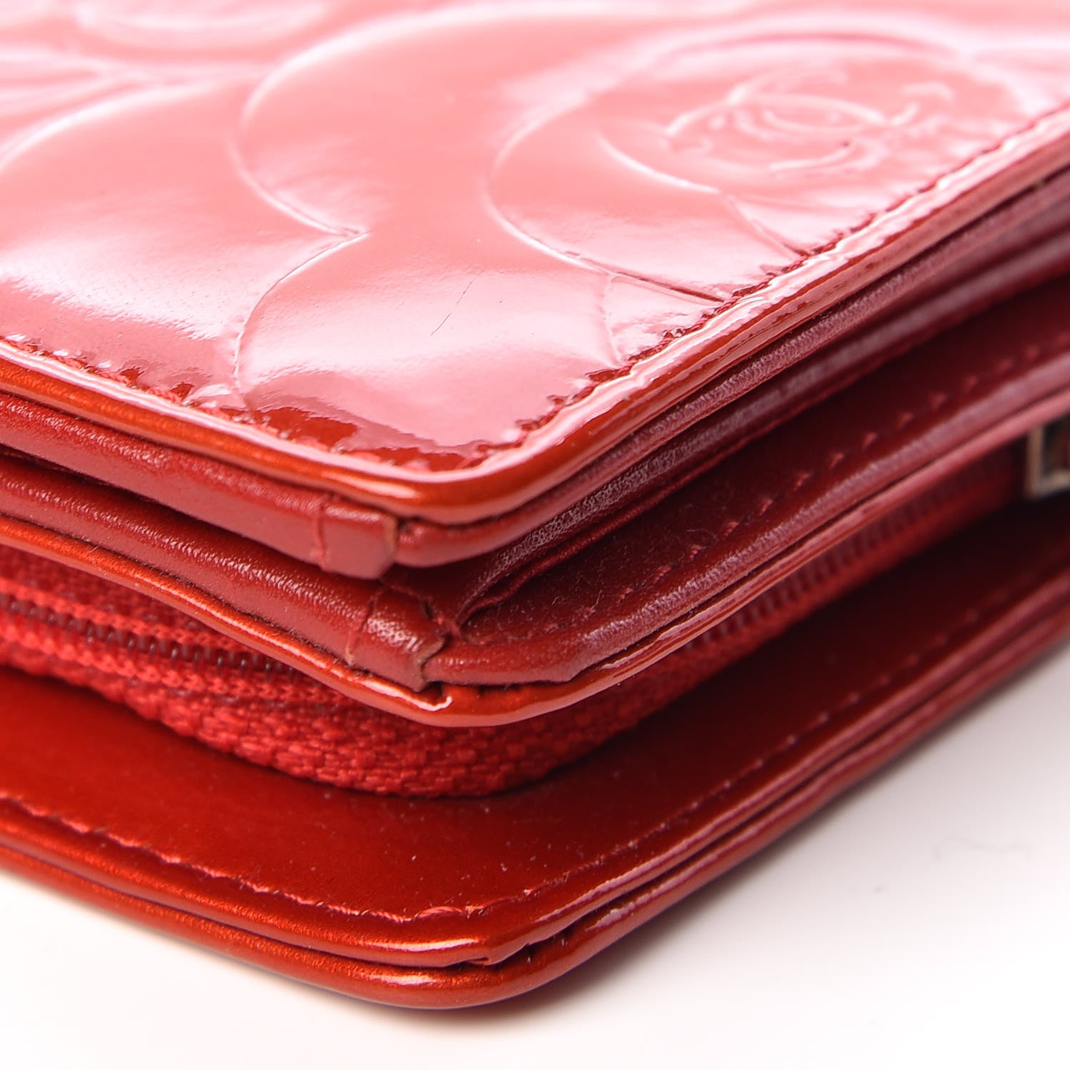 Chanel Patent Camellia Embossed Zipped Pocket Wallet Dark Red 9 of 13