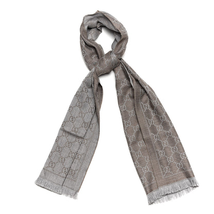 Gucci Wool Jacquard GG Monogram Sten Fringe Scarf Taupe Light Grey 1 of 4