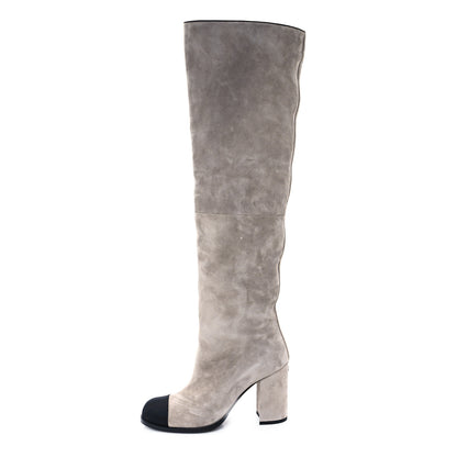 Chanel Suede Calfskin Grosgrain Cap Toe Knee High Boots 36.5 Grey Black 1 of 9