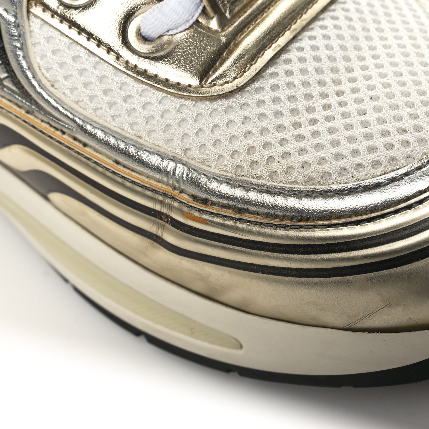 Chanel Fabric Laminated Calfskin Stretch CC Sneakers 41 White Gold Silver 10 of 10