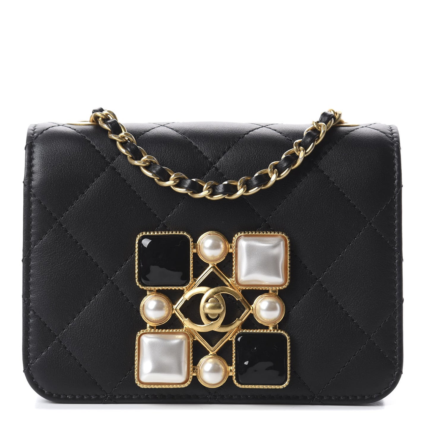 Calfskin Quilted Crystal Pearl Mini Flap Bag Black