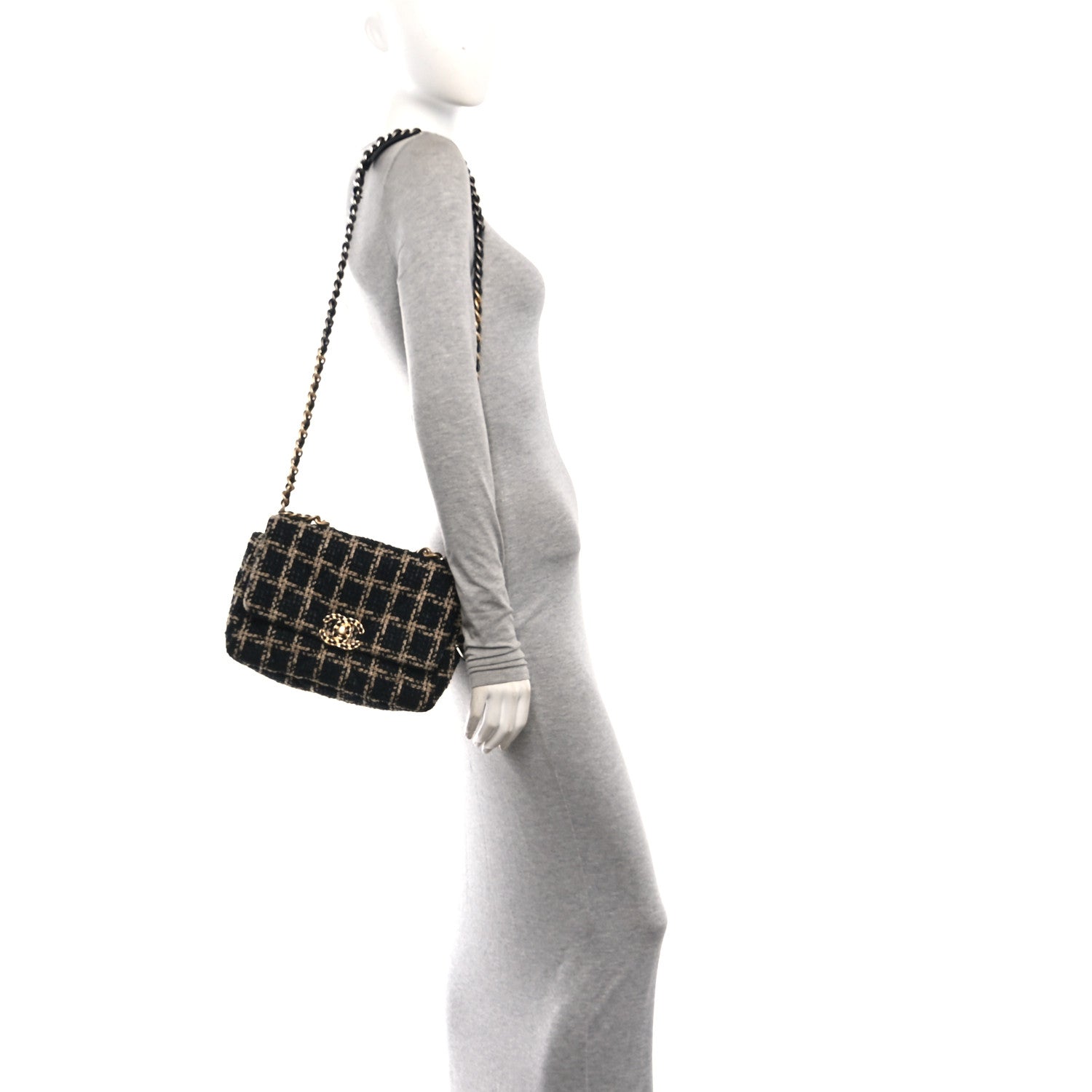 ダブル　　CHANEL Chanel Tweed Quilted Medium Chanel 19 Flap Black Beige 1970464