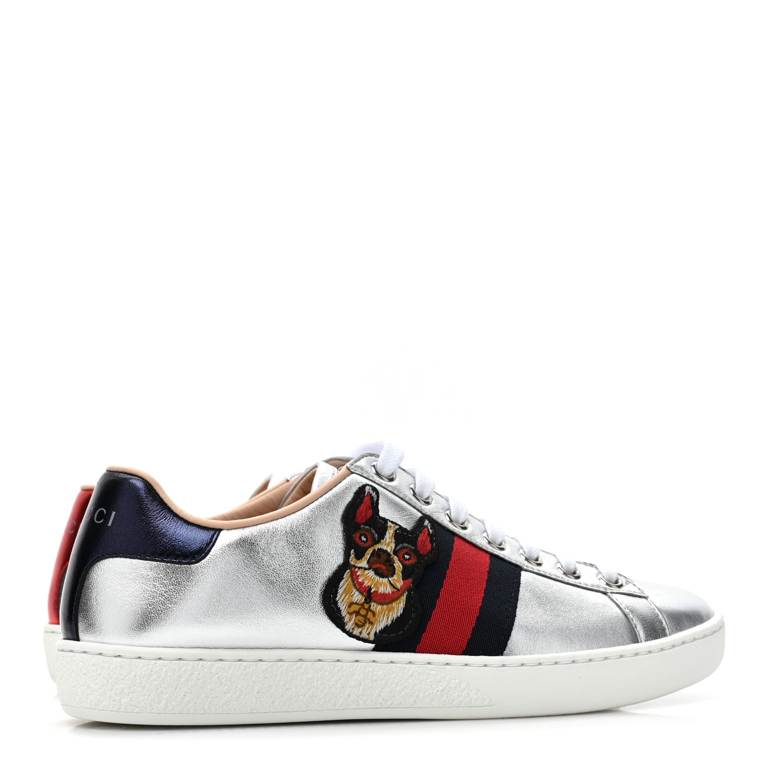 Gucci Metallic Nappa Silk Ayers Web Embroidered Womens Ace Sneakers 35 Silver 5 of 9