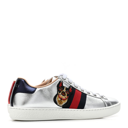 Gucci Metallic Nappa Silk Ayers Web Embroidered Womens Ace Sneakers 35 Silver 5 of 9
