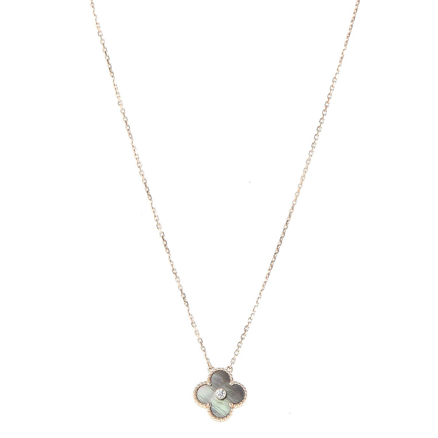 18K Rose Gold Diamond Grey Mother of Pearl Vintage Alhambra Pendant Necklace