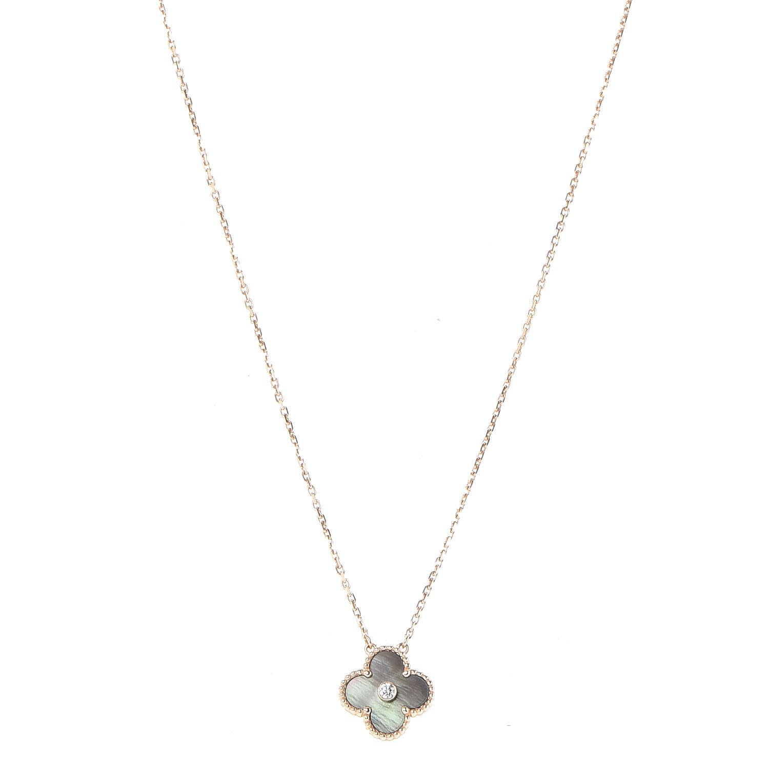Van Cleef & Arpels 18K Rose Gold Diamond Grey Mother of Pearl Vintage Alhambra Pendant Necklace 1 of 9