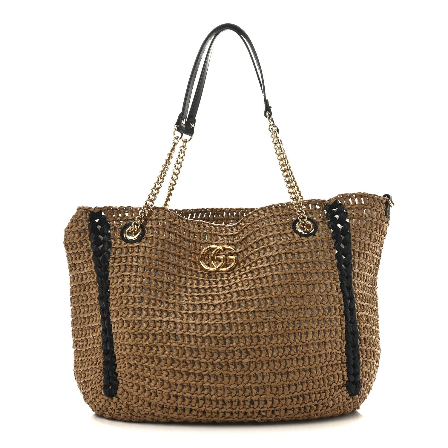 Gucci Raffia Effect Large GG Marmont Shoulder Tote Bag Natural Black 1 of 10