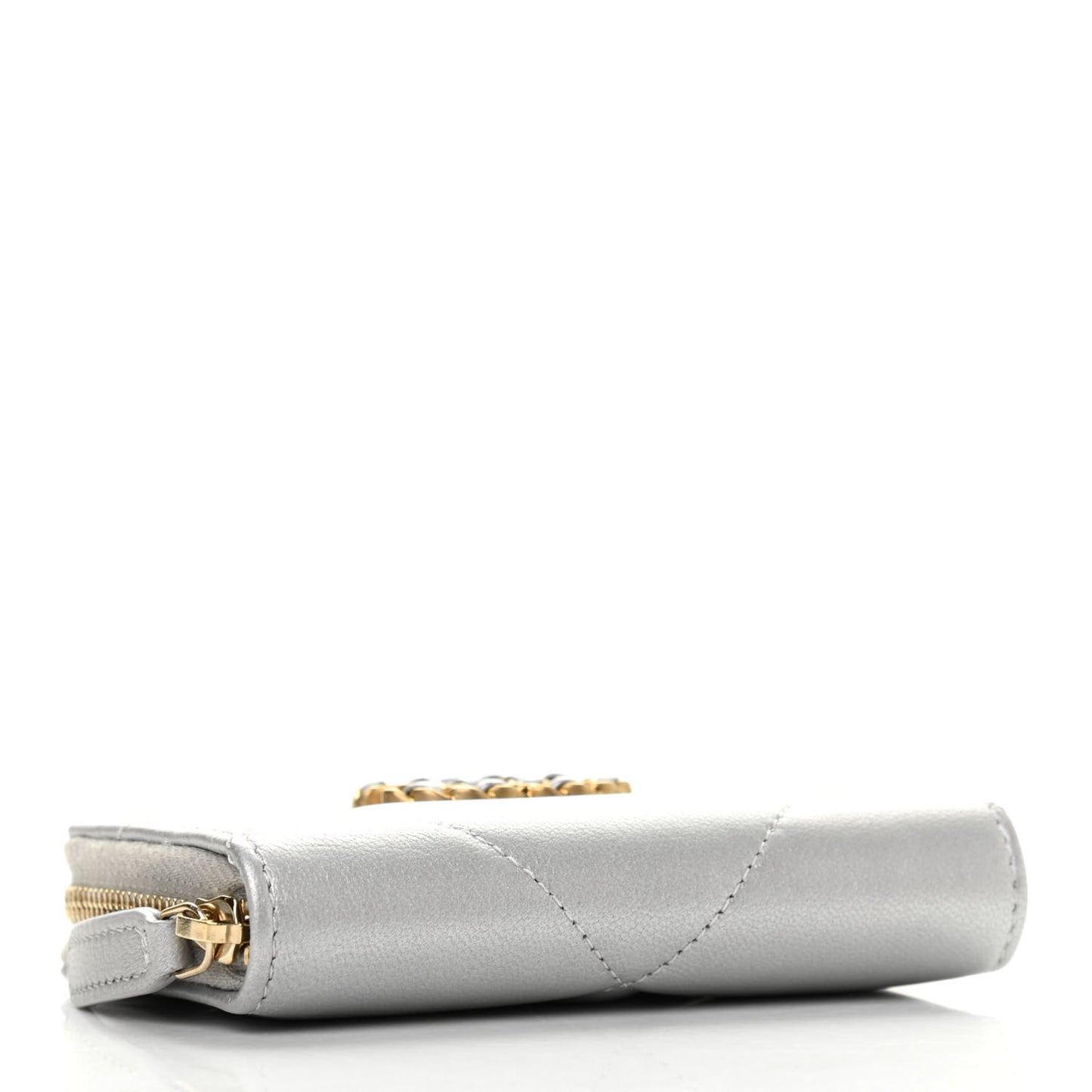 Metallic Goatskin Quilted Chanel 19 Zip Around Coin Purse Wallet Silver