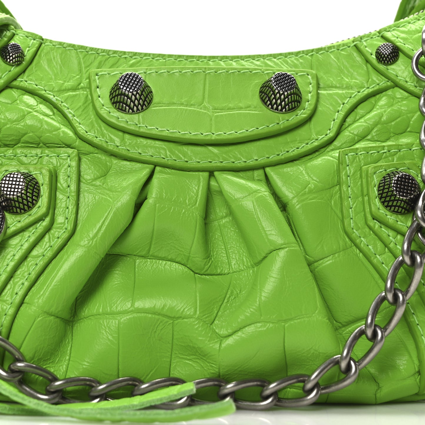 Extra Supple Calfskin Crocodile Embossed Le Cagole Mini Purse With Chain Acid Green