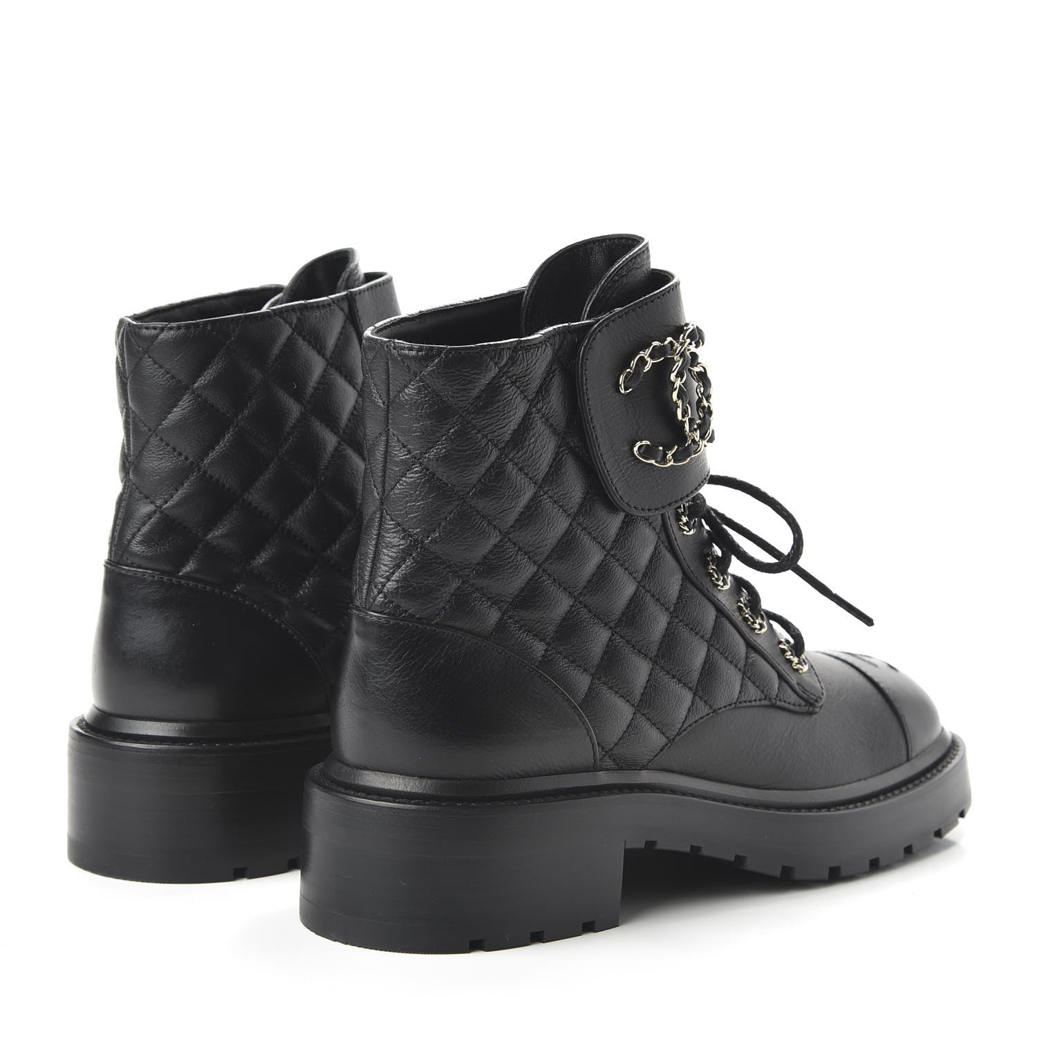 Chanel Shiny Goatskin Calfskin Quilted Lace Up Combat Boots 38.5 Black 4 of 9