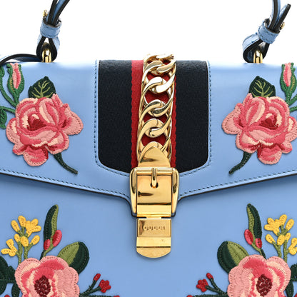 Gucci Calfskin Embroidered Medium Sylvie Top Handle Bag Clear Sky Blue 8 of 13